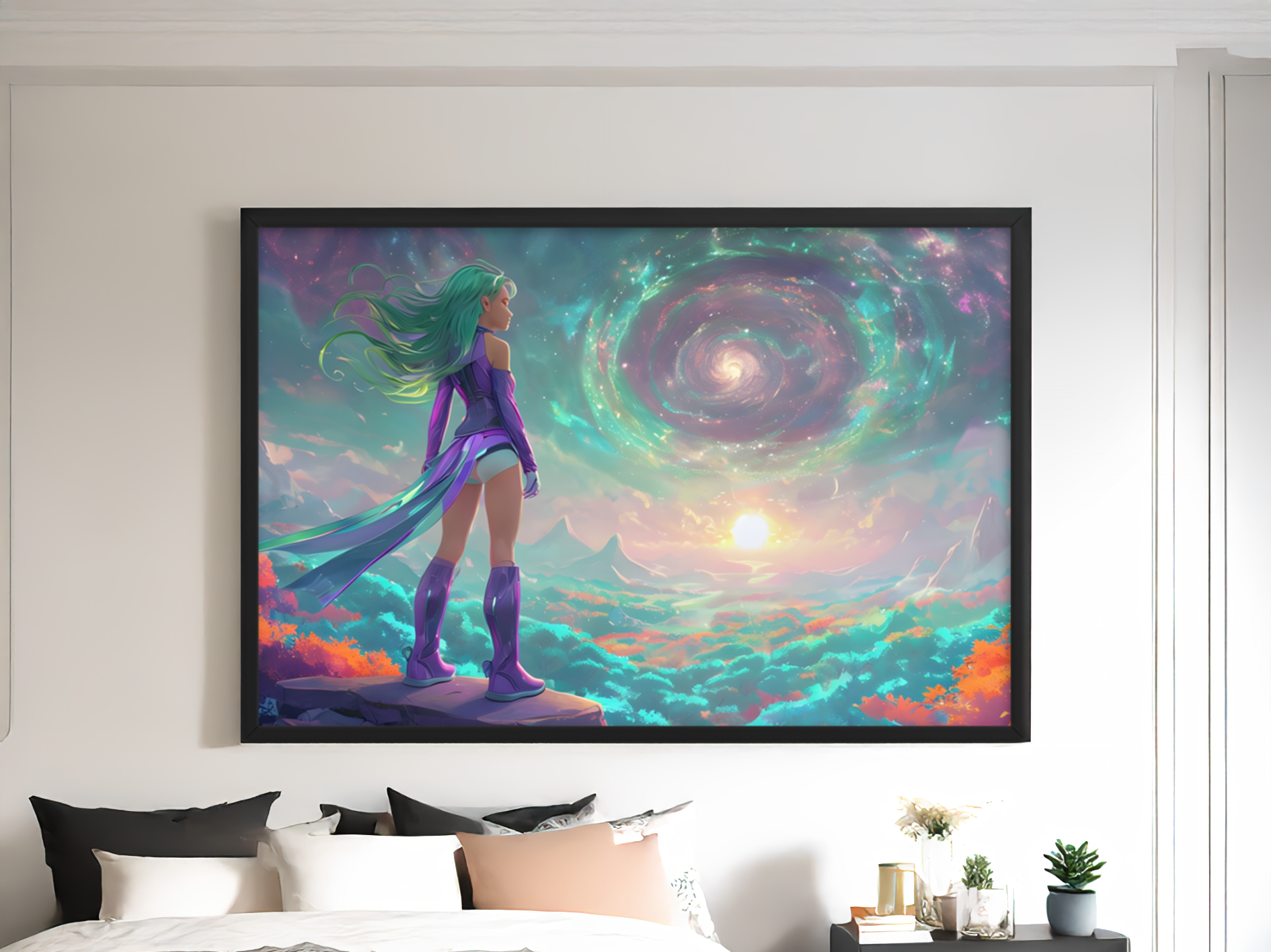 A framed poster featuring a colorful artwork of a female warrior standing on a cliff with a cosmic background, including stars and a sunset.