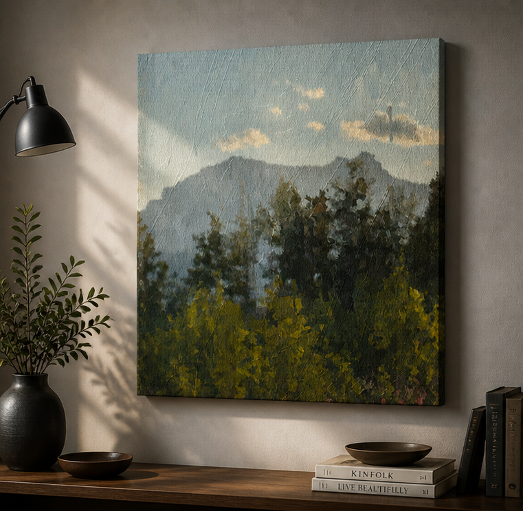 Majestic Mountain Serenity canvas in living room setup.