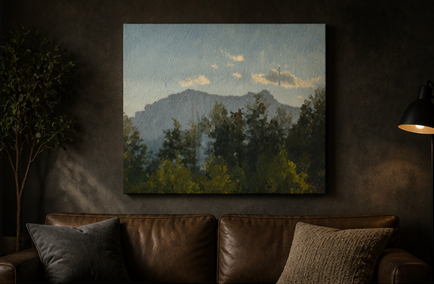 Majestic Mountain Serenity canvas behind brown sofa on a wall