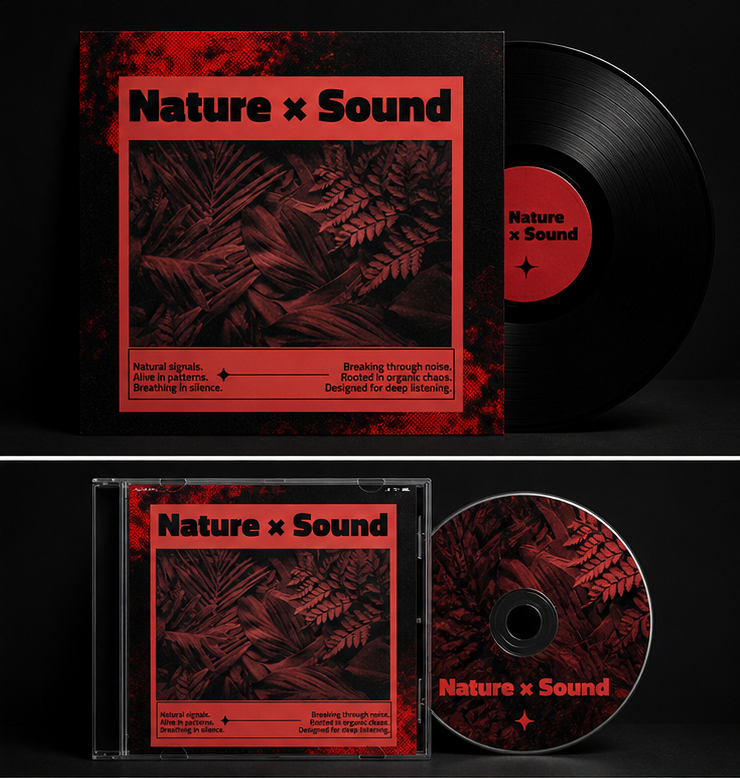 Collage of 'Nature x Sound' product packaging including vinyl record, CD.