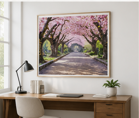 Collage of a cherry blossom tree canvas print in various rooms including living room, bedroom, and home office.