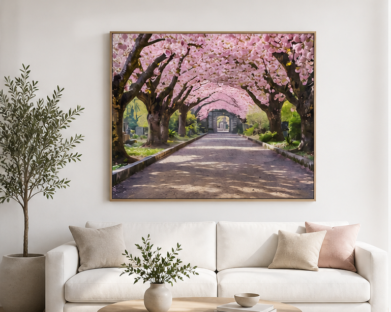 Framed artwork of a cherry blossom tunnel on a wall above a white sofa.