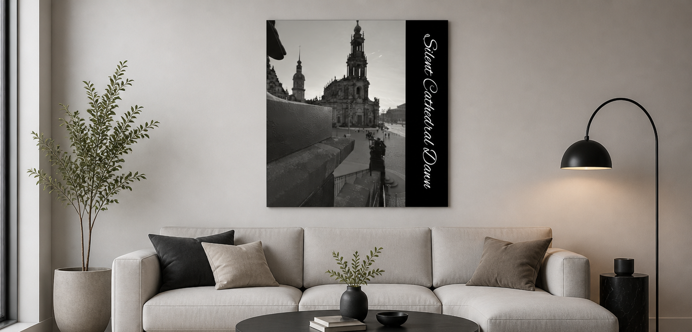 Collage of a modern living room with a large wall canvas of a cityscape.