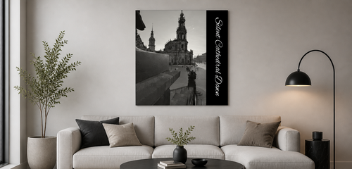 Collage of a modern living room with a large wall canvas of a cityscape.