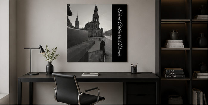 Collage of a modern office room with a large wall canvas of a cityscape.