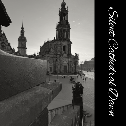 Black and white image of a cathedral with people walking around, titled 'Silent Cathedral Dawn'.
