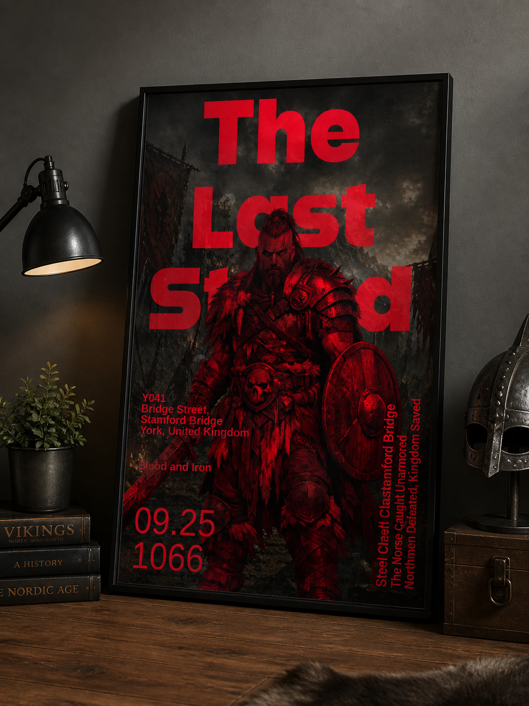 Poster of a warrior with 'The Last Stand' text on a dark background, illuminated by a lamp.